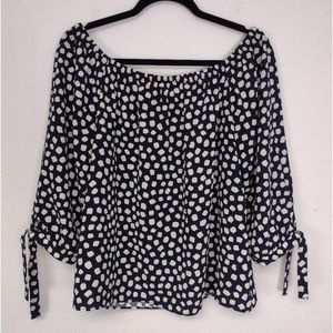 J Crew Blouse Navy White Elastic Neck 3/4 Tie Sleeve Sz S Career  Polka Dot